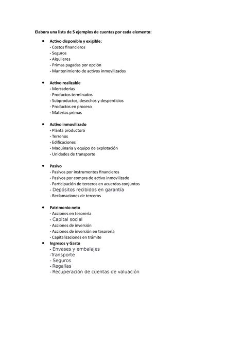 Elabora Una Lista De 5 Ejemplos De Cuentas Por Cada Elemento Studocu