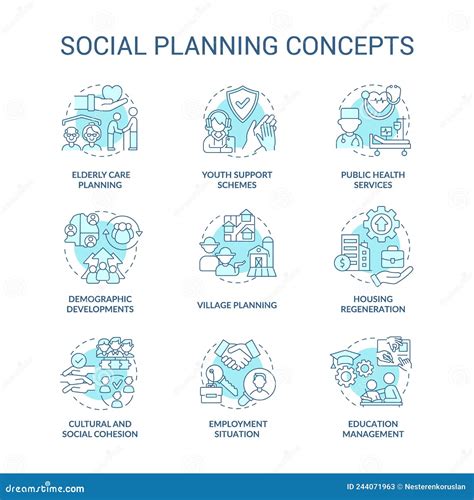 Social Planning Turquoise Concept Icons Set Stock Vector Illustration