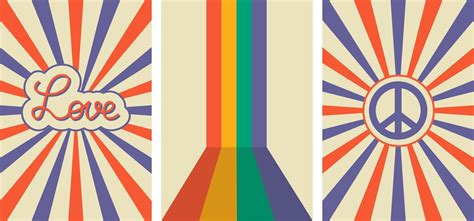 Collection Of Retro Posters. Love, Peace Sign, Rainbow. Vector ...