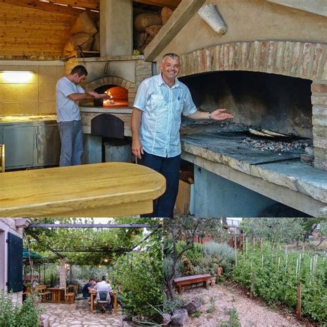 Two Men Are Standing In Front Of An Outdoor Pizza Oven And Another Man