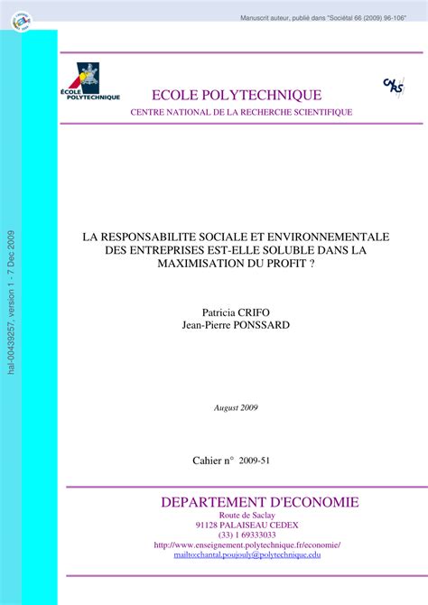 Pdf La Responsabilité Sociale Et Environnementale Des Entreprises Est