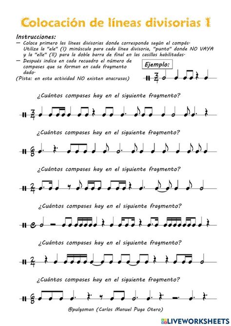 Coloca las líneas divisorias y cuenta los compases 1 worksheet