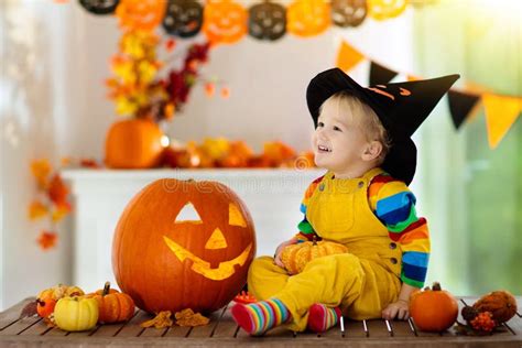 Kids In Witch Costume On Halloween Trick Or Treat Stock Image Image