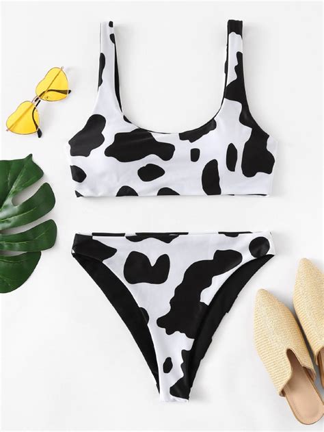 Shein Swim Vcay Conjunto De Bikini Con Estampado De Vaca Camiseta Sin