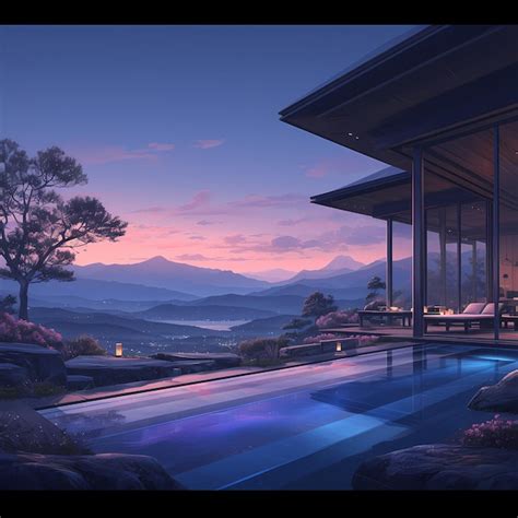 premium photo luxurious infinity pool  mountain view  sundown