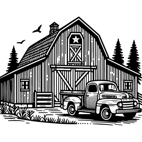 Free Rustic Barn With Old Truck Svg Background Black And White Svg