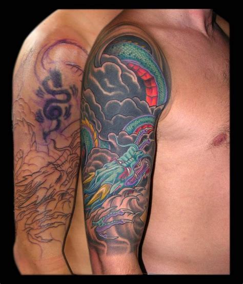 Asian Dragon And Yellow Lotus Cover Up Half Sleeve By Aaron Goolsby