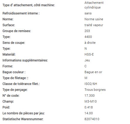 Set de forets tarauds fraises pour filetages de M3 à M10