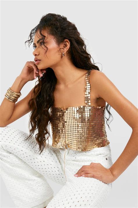 Womens Chainmail Square Neck Cropped Top Boohoo Uk