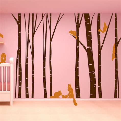 Nursery Birch Tree Wall Decal Forest With Squirrels Vinyl Etsy