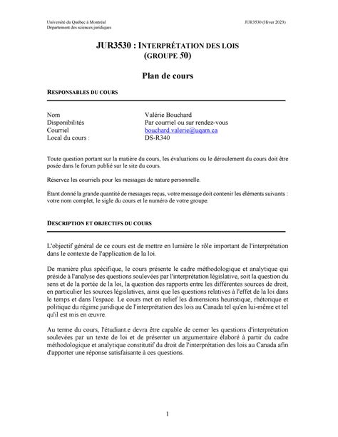 Plan de cours JUR3530 H23 Département des sciences juridiques JUR3530