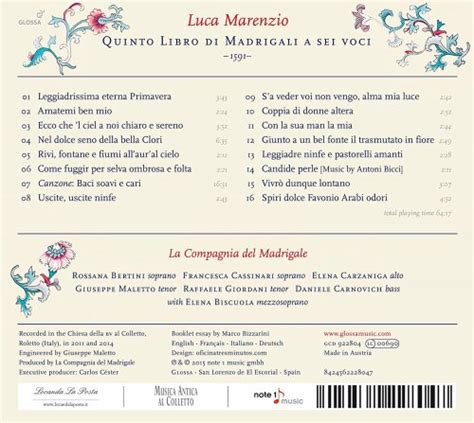 Luca Marenzio Quinto Libro Di Madrigali A Sei Voci By La Compagnia Del