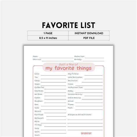 Favorite List Get To Know You Favorite Things My Favorite Things