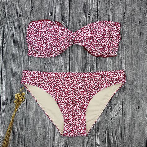 Bokoni New Bikini Set Bandeau Red Floral Swimsuit Women Bandage