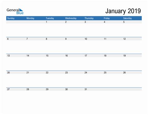 Editable Calendar Template For January 2019