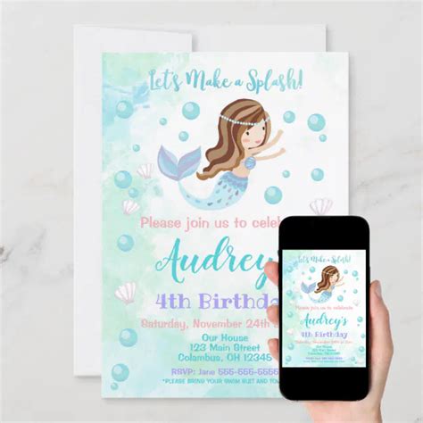 Mermaid Birthday Invitation Brunette Mermaid Zazzle