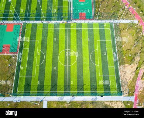 Aerial photography of a brand new artificial turf football field Stock ...