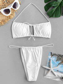 ZAFUL Metallic Halter Tied String Bikini Swimwear In WHITE ZAFUL