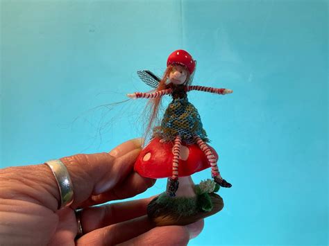 Ooak Poseable 4 Super Tiny Pixie Fairy On A Red Dot Mushroom