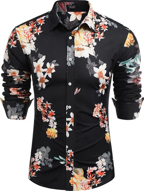 Coofandy Mens Floral Button Down Long Sleeve Hawaiian Shirt Flower