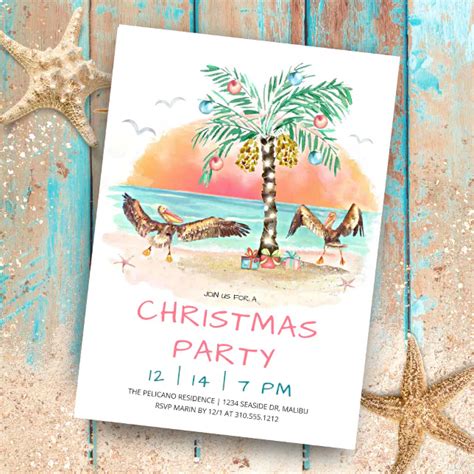 Pelican And Palm Tree Beach Christmas Party Invitation Zazzle