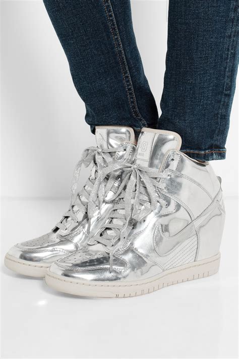 Nike Dunk Sky Hi Metallic Leather Wedge Sneakers In Silver Lyst