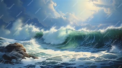 Premium Photo | Ocean waves storm on the sea blue sky with clouds Oil ...