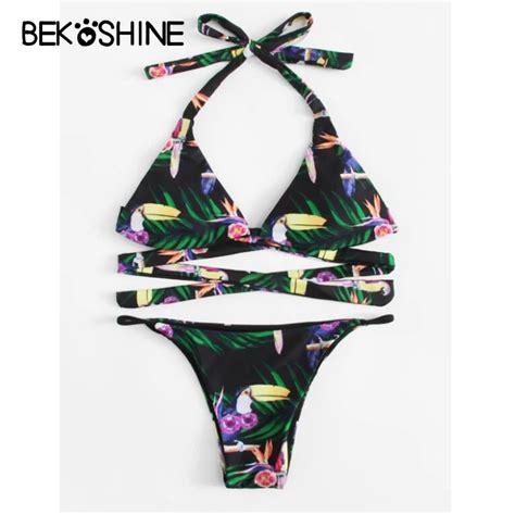 BEKOSHINE Green Bathing Suit Leaf Bikini Set Sexy Bandage Biquini Pad