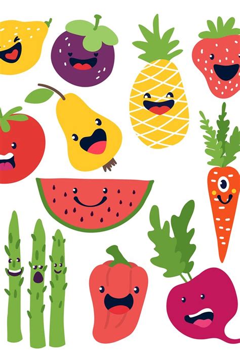 Flat Vegetable Characters Funny Smiley Doodle Fruits Hand