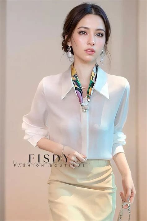 Fisdy Elegant White Chiffon Shirt Enhanced With Delicate Lace