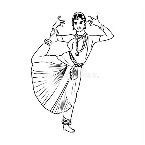 Outline Sketch Of Indian Woman Dancer Dancing Stock Vector