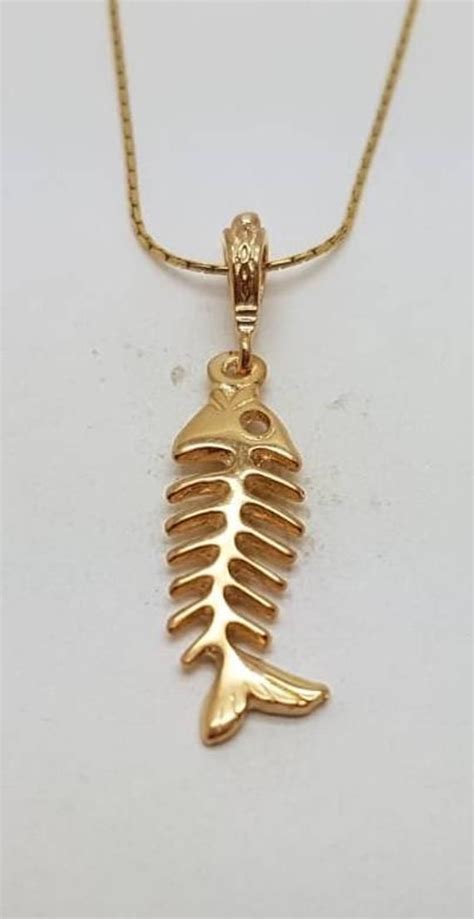 Gold Fish Pendant Fishbone Necklace Sea Life Necklace Fish Skeleton