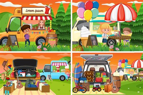 Flea market scene in cartoon style 6772397 Vector Art at Vecteezy