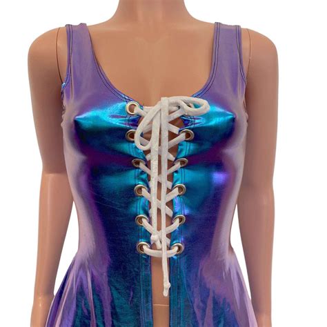 Lace Up Open Front Dress Oil Slick Holographic Peridot Clothing