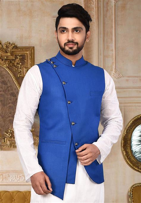 Buy Plain Terry Rayon Nehru Jacket In Royal Blue Online Mtx689