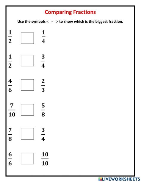 Comparing Fractions Math Exercise Live Worksheets