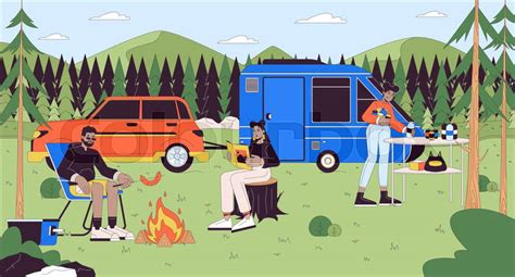 Campsite recreation cartoon flat illustration. Forest campin | Colourbox