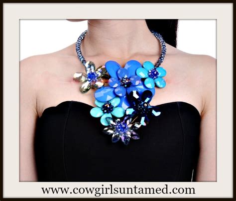 Crystal Chain Blue Resin Flower Boho Collar Statement Bib Necklace