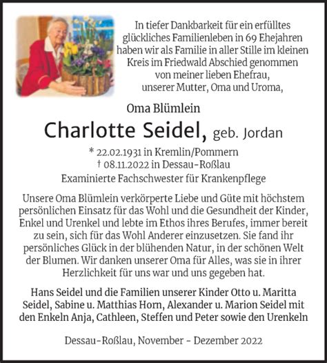 Traueranzeigen Von Charlotte Seidel Abschied Nehmen De