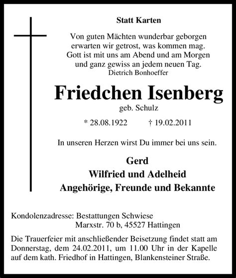 Traueranzeigen Von Friedchen Isenberg Trauer In Nrw De