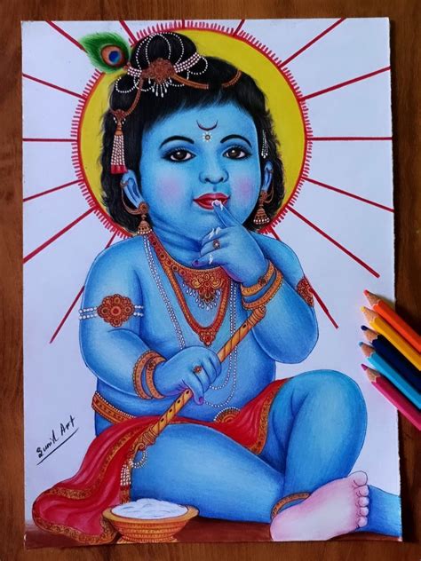 Painting of Little Krishna Eating Butter | Color Pencil Art by Sunil ...