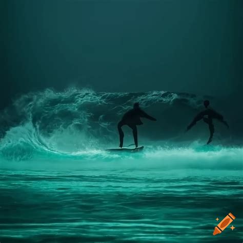 Group Of Surfers Riding Waves In Dramatic Night Storm On Craiyon