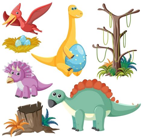 Colección de vectores de dinosaurios y elementos naturales Vector Premium