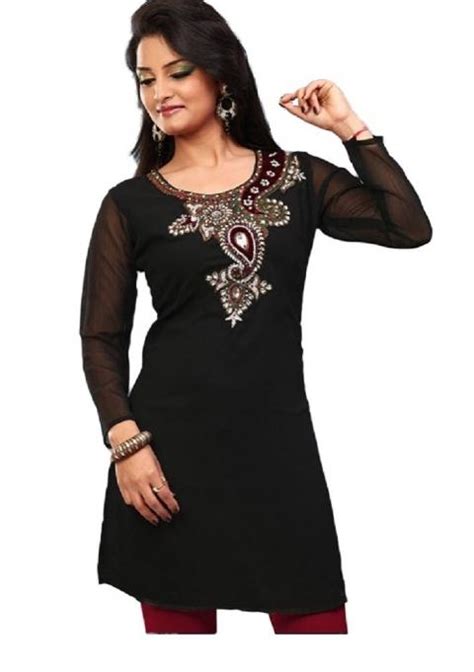 Plus Size Black Tunic Kurti In Chiffon With Stone Work Indian Tunic