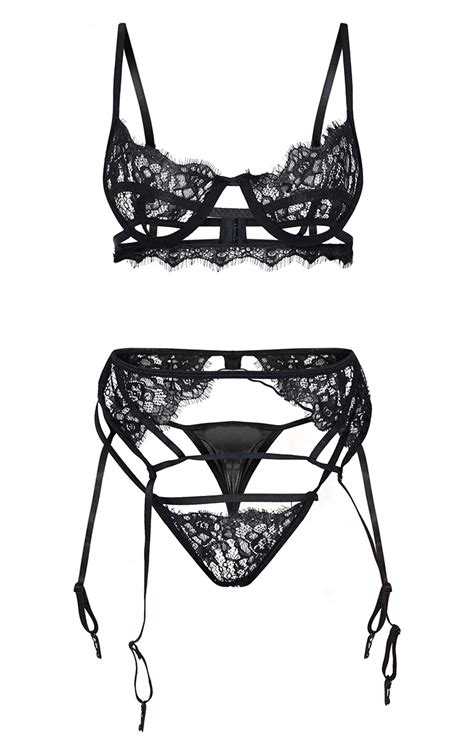 Black Eyelash Lace Strappy 3 Piece Lingerie Set Lingerie And Nightwear Prettylittlething Usa