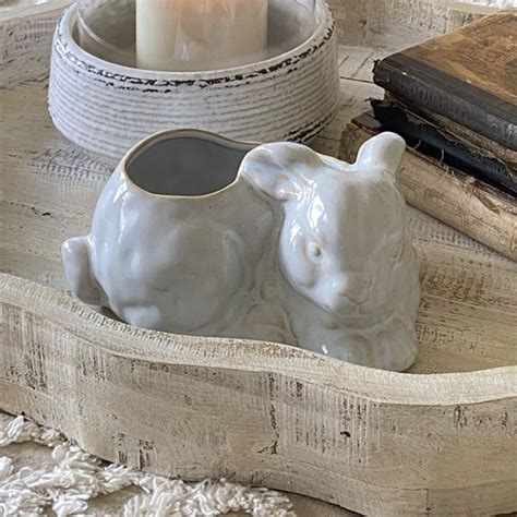 Stoneware Rabbit Planter Antique Farmhouse