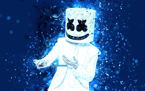 تحميل خلفيات 4k Marshmello الرقص الأزرق أضواء النيون النجوم