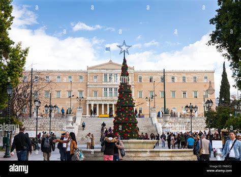 Christmas Tree And People At Syntagma Square On The Ermou Athens Main