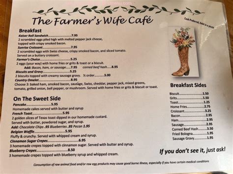 Menu at The Farmer's Wife restaurant, Brooksville