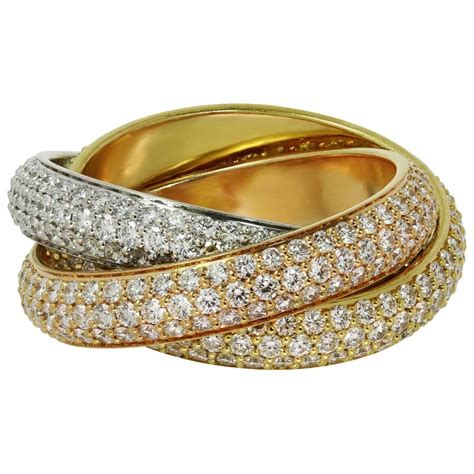 Cartier Trinity Pave Diamond Tri Color Gold Band Ring For Sale At 1stdibs